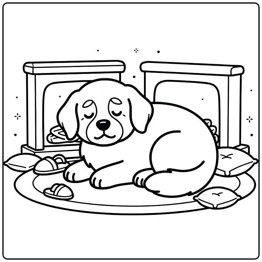 Newfoundland coloring page: sleepy dog curled on rug by fireplace
