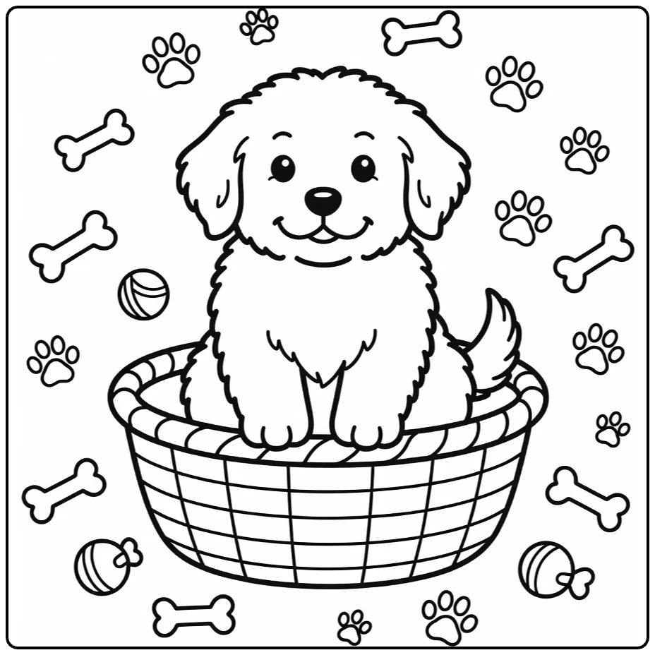 Newfoundland coloring page: fluffy puppy in basket with toys, bones