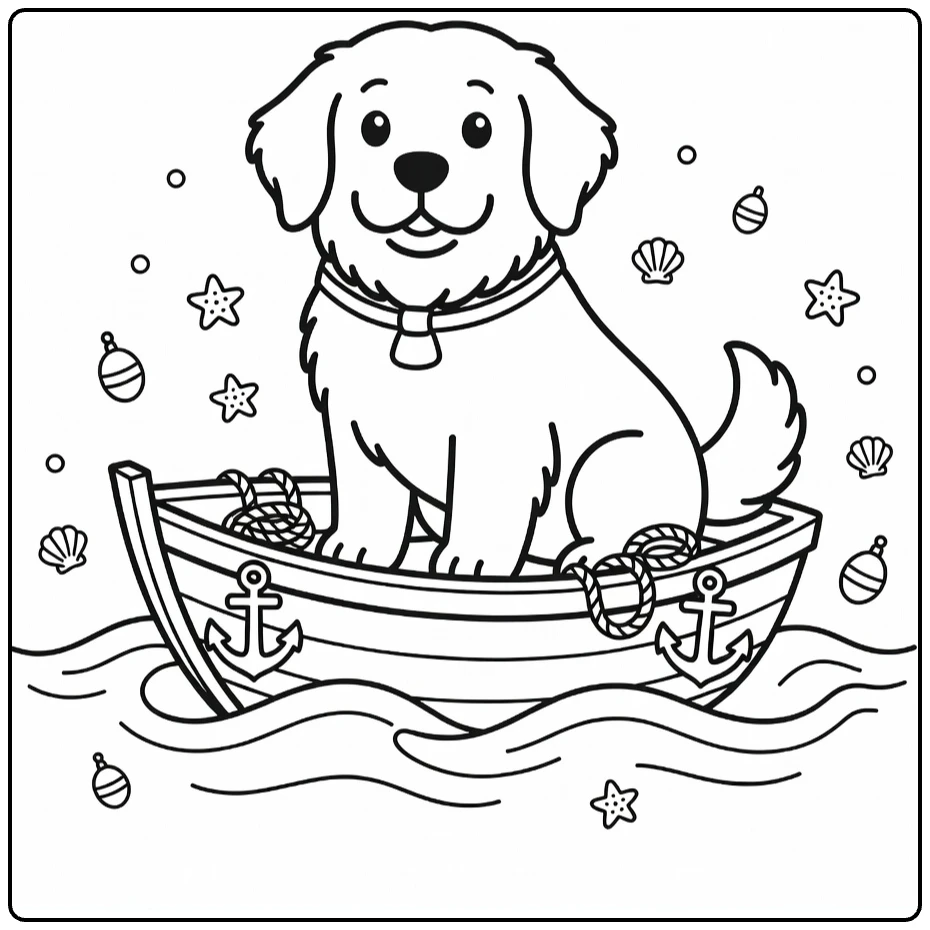 Newfoundland coloring page: Dog in sailor collar on boat