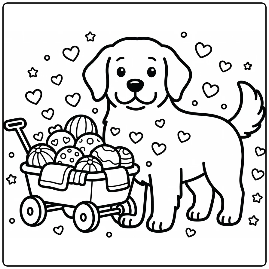 Newfoundland coloring page: dog by wagon with balls, blankets, hearts