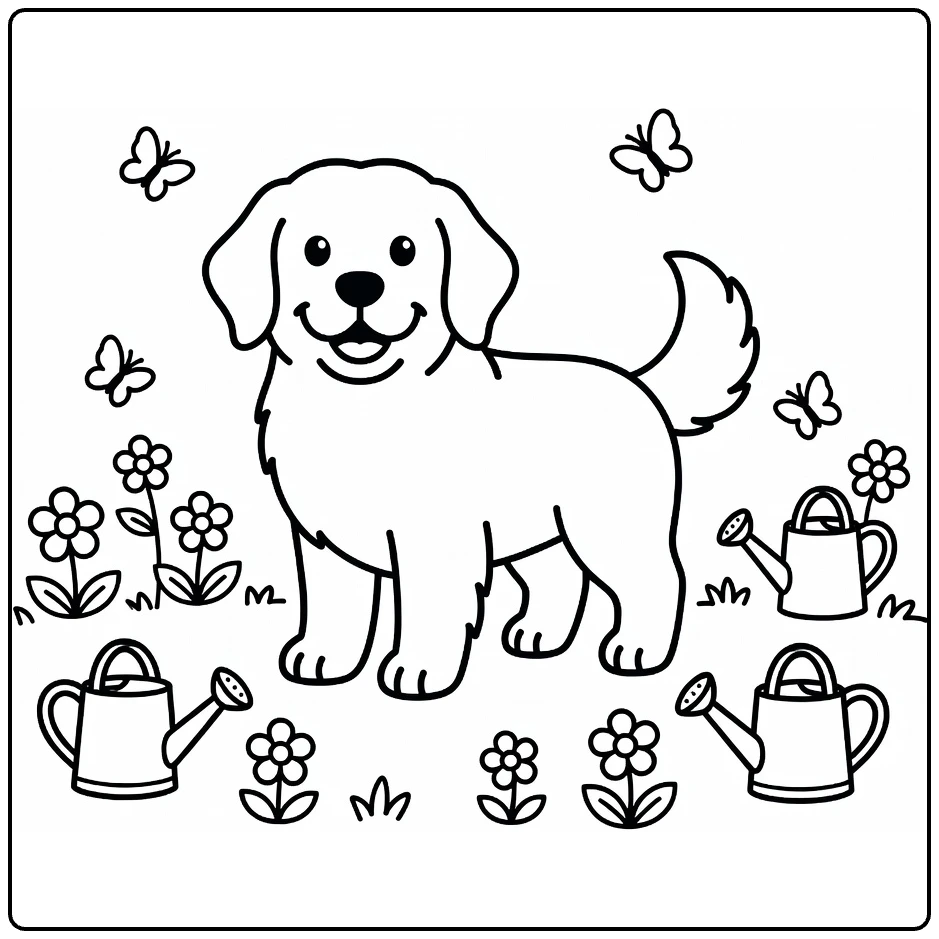 Newfoundland coloring page: cheerful dog in flower garden