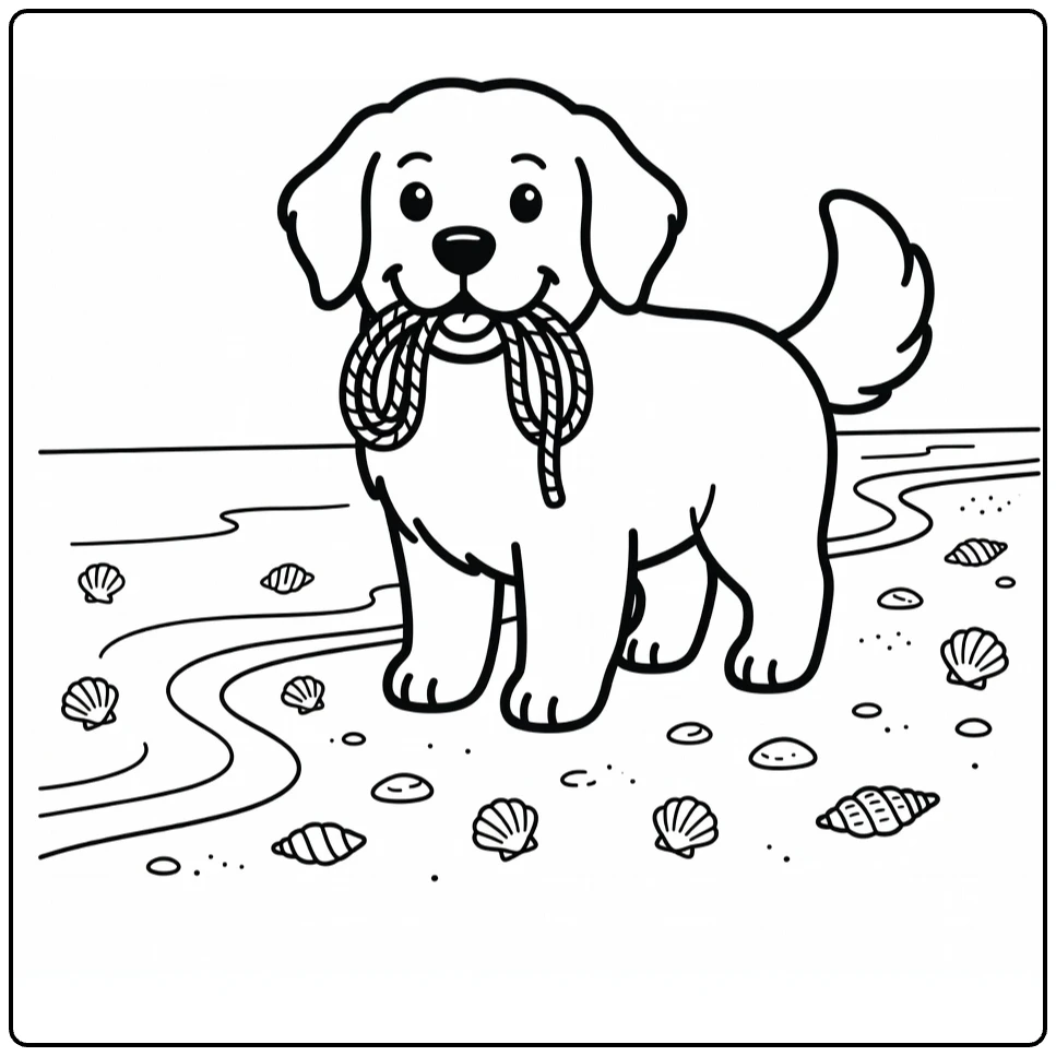 Newfoundland coloring page: happy dog with rescue rope on beach