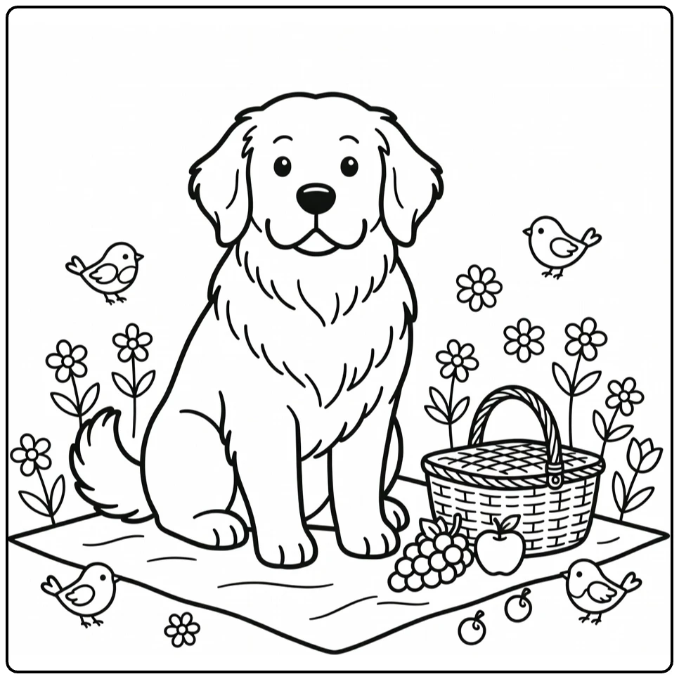 Newfoundland coloring page: dog on picnic with fruits, birds