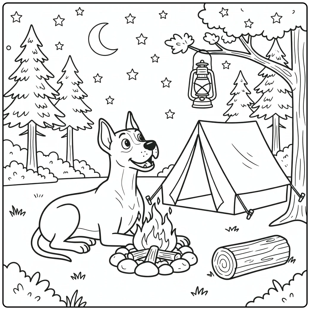 A friendly dog rests by a campfire; a great dane coloring page.