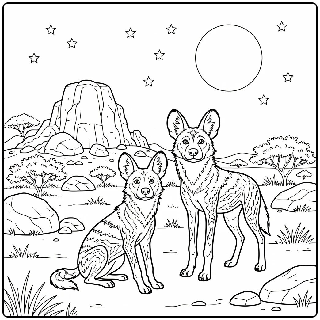 Two dogs under a big moon on this african wild dog coloring page.