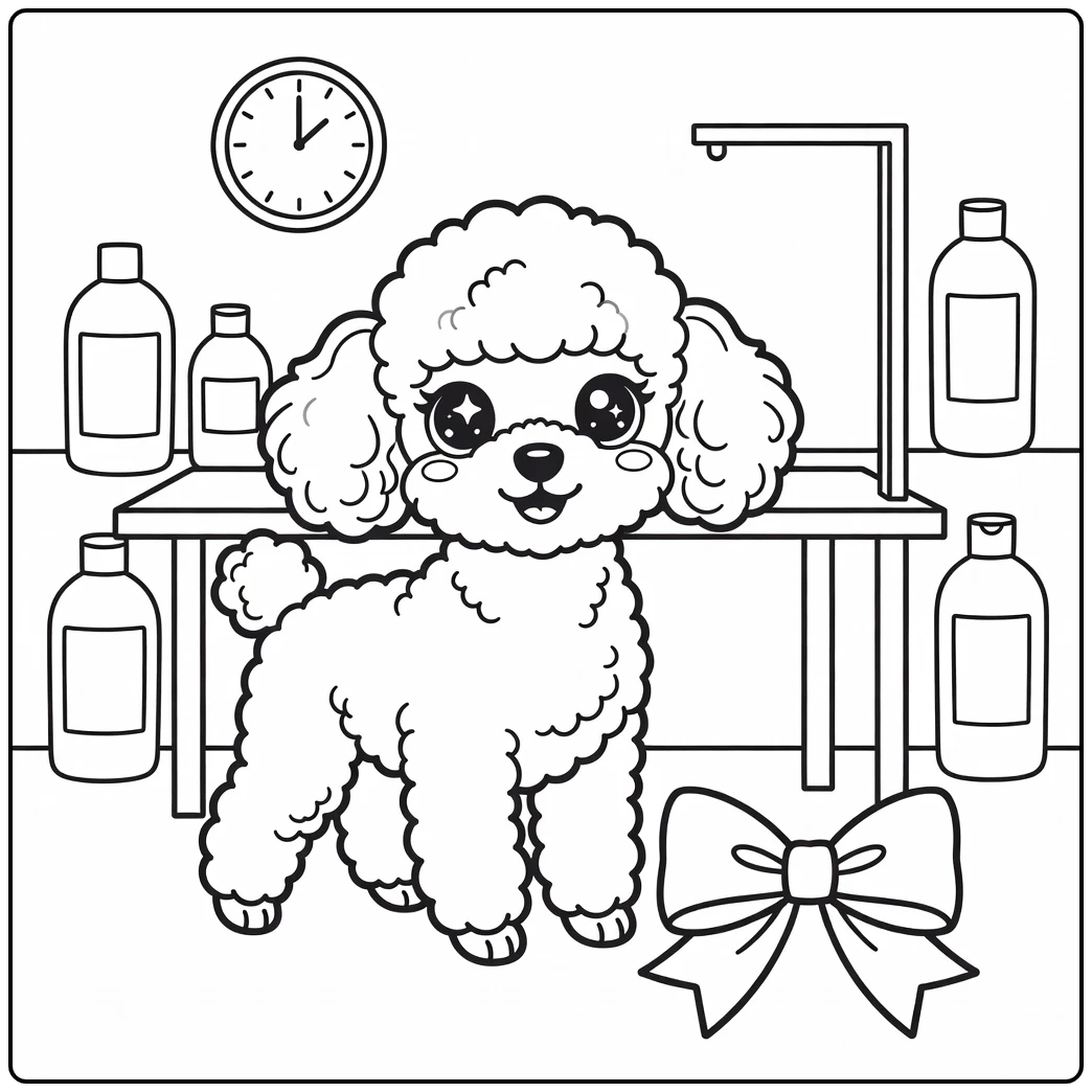 A cute Poodle in a grooming salon kawaii dog coloring page.
