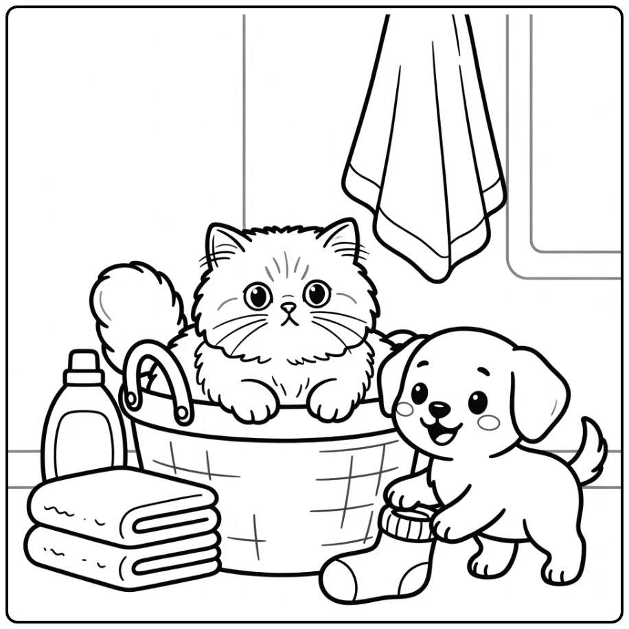 Cat and dog coloring pages: Persian cat peeks from basket, puppy paws sock