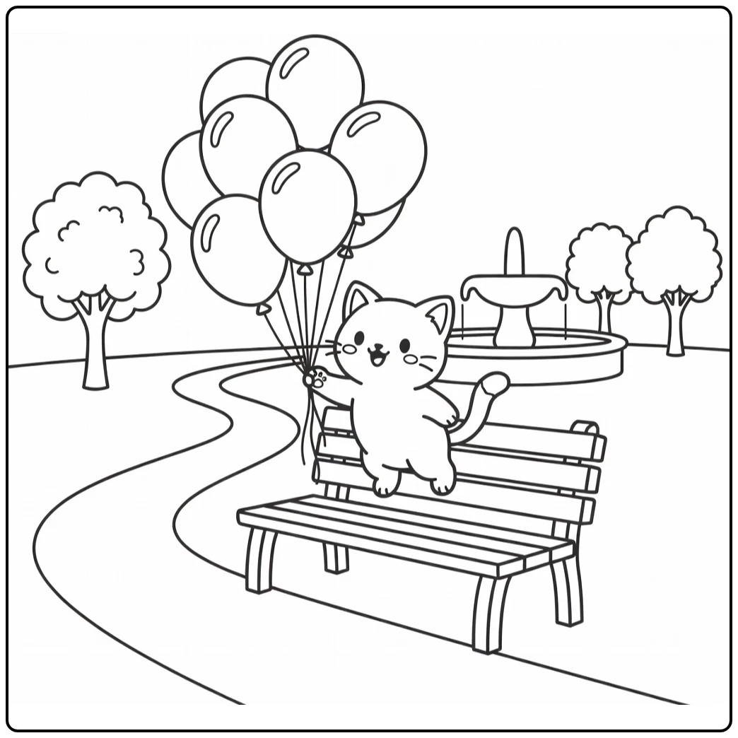 Cute anime cat pawing balloons on park bench, anime cat coloring pages
