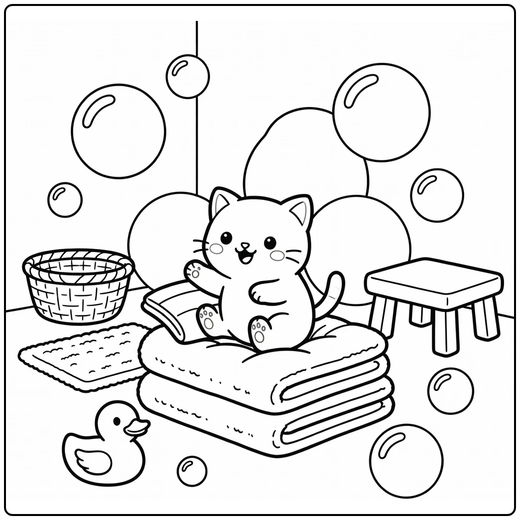 Baby cat coloring pages: kitten peeks from towel pile
