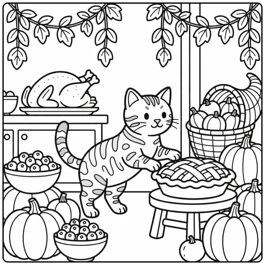 Bengal cat with Thanksgiving pie & turkey - thanksgiving cat coloring pages