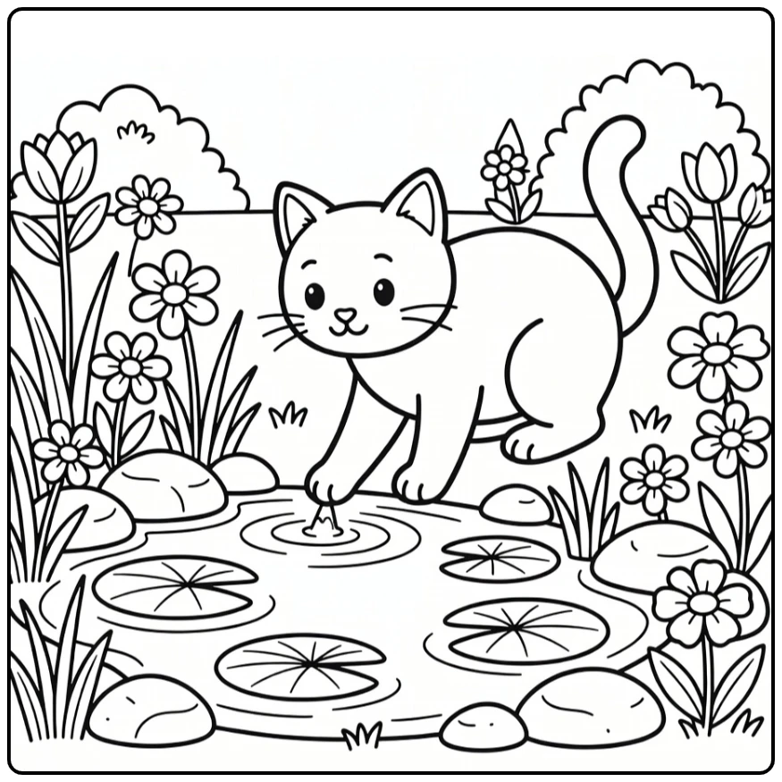 Cute black cat tapping pond with lily pads - black cat coloring pages