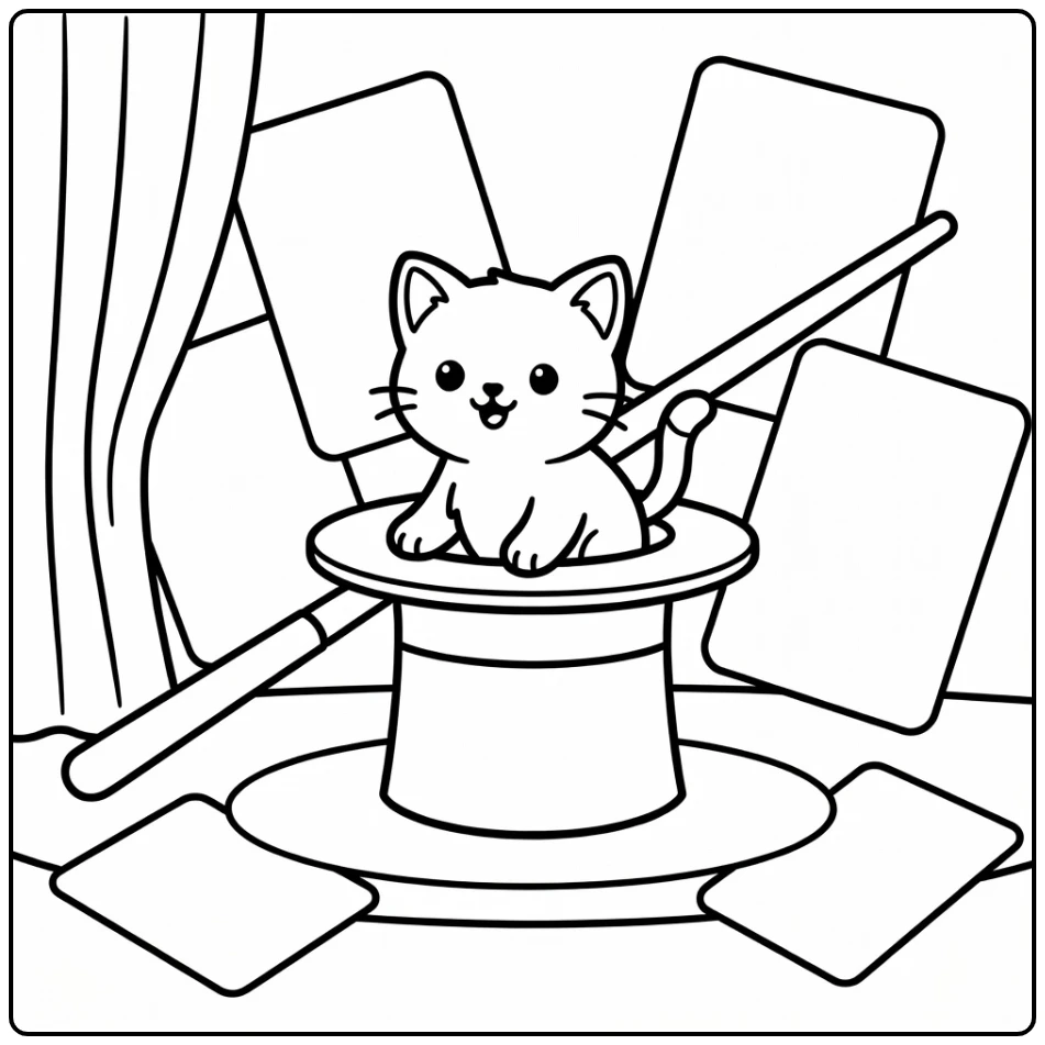 Cartoon kitten coloring pages: Kitten pops from magic hat