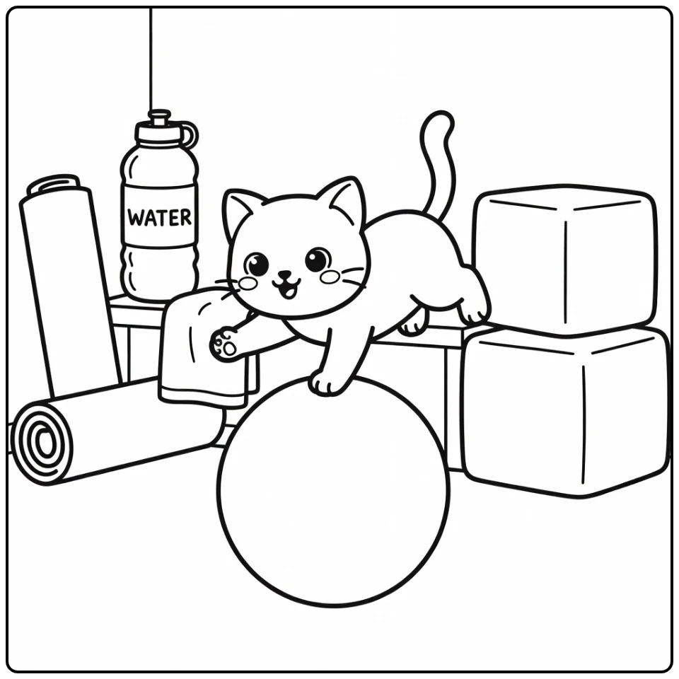 Cartoon kitten balancing on gym ball, cartoon kitten coloring pages