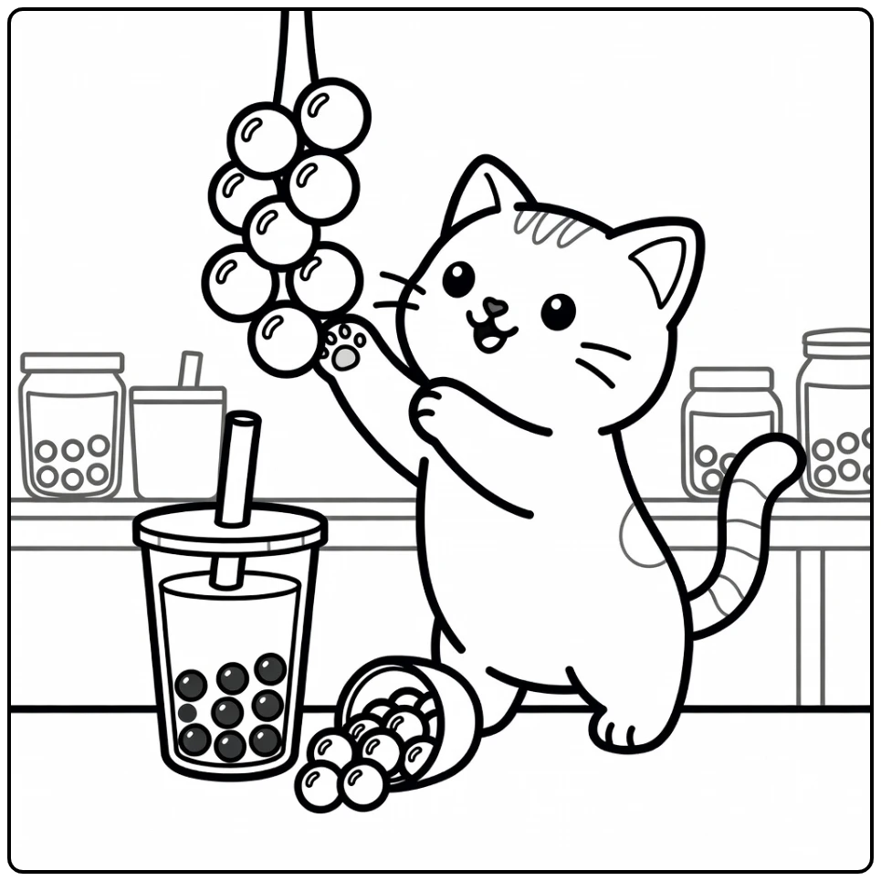Cat boba sniffing pearls at tea counter, cat boba coloring pages