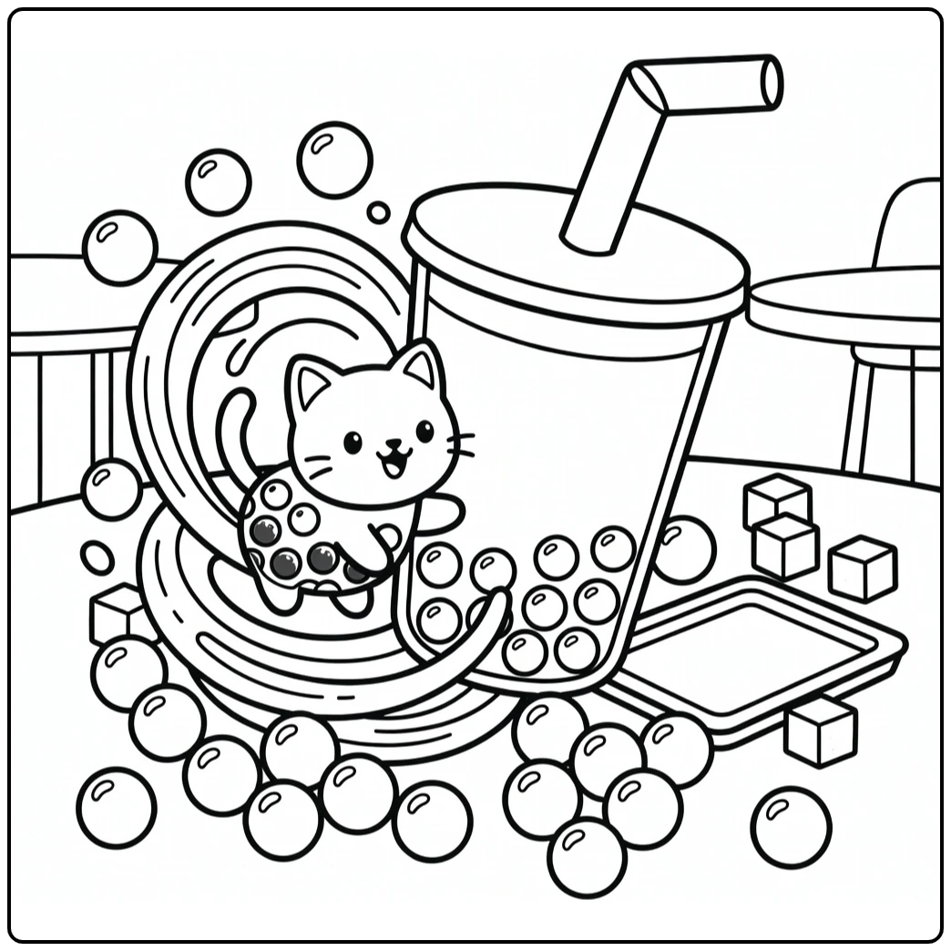 Cat boba chasing milk tea swirl in cat boba coloring pages