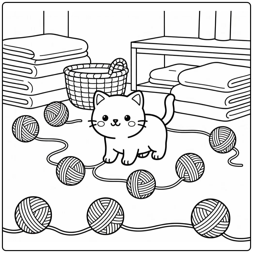 Cute cat chases yarn balls trail in craft room, cat coloring pages