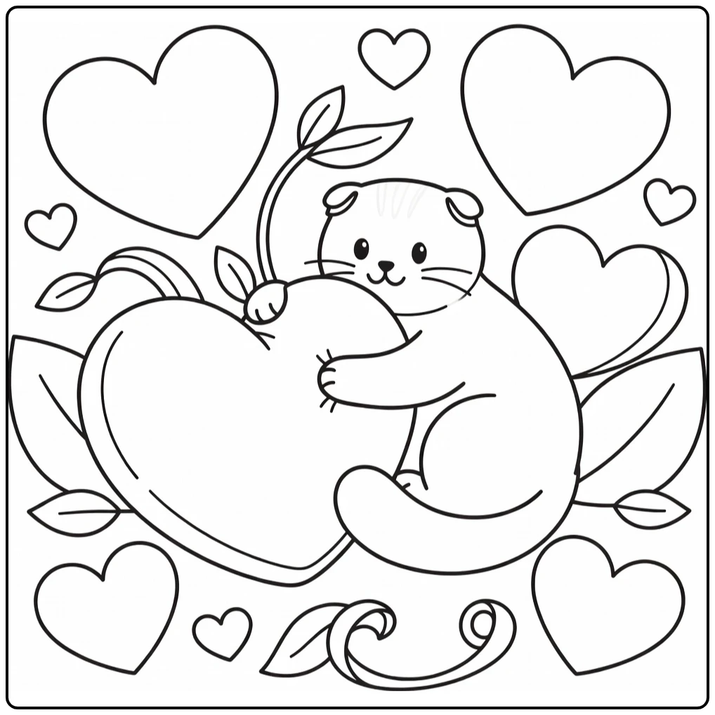 Scottish Fold cat hugs giant heart cushion - cat heart coloring pages