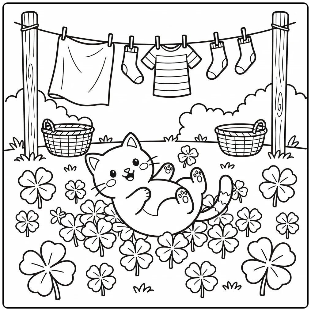 Cat rolling in clover under clothesline cat coloring pages