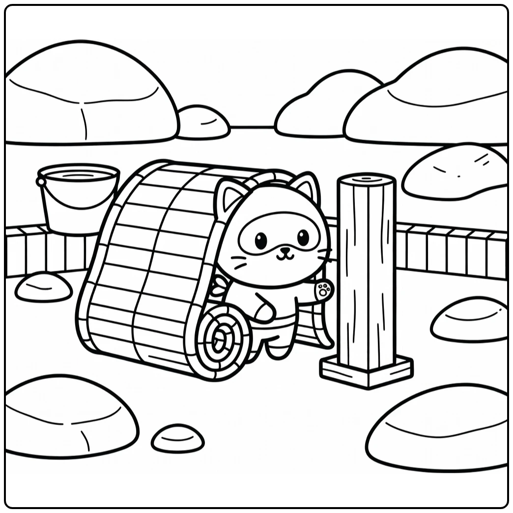 Cute cat ninja peeking from bamboo mat - cat ninja coloring pages