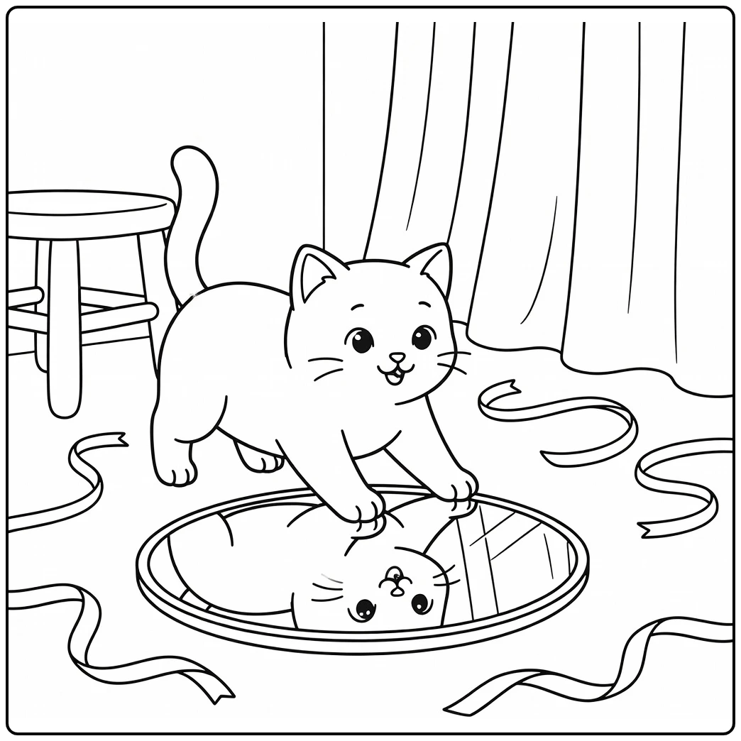 Cute cat pawing at reflection in round mirror cat coloring pages