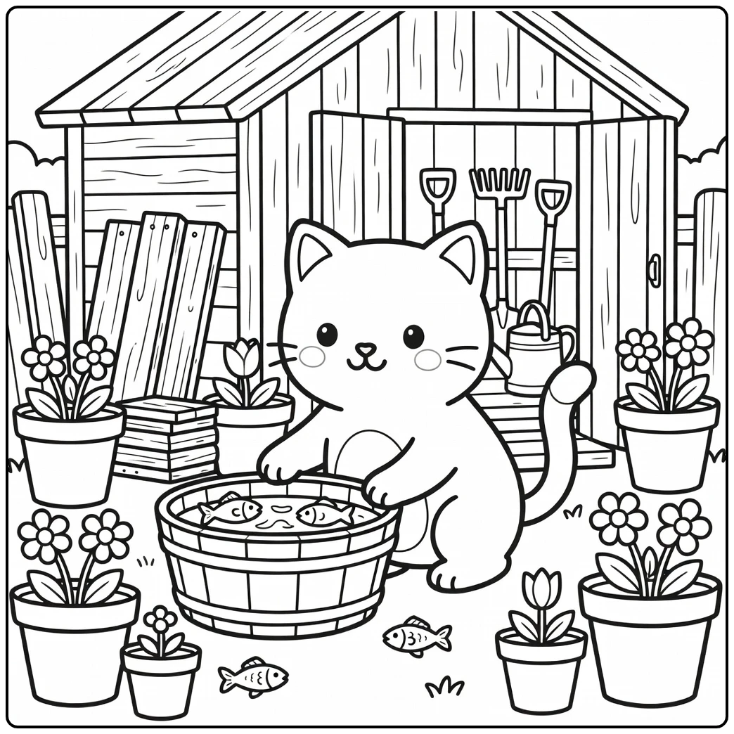 Curious cat paw in fish bucket cat coloring pages