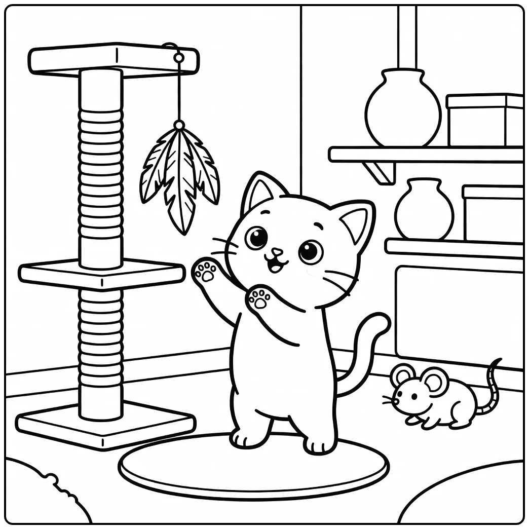 Cute cat reaching for feather toy cat coloring pages