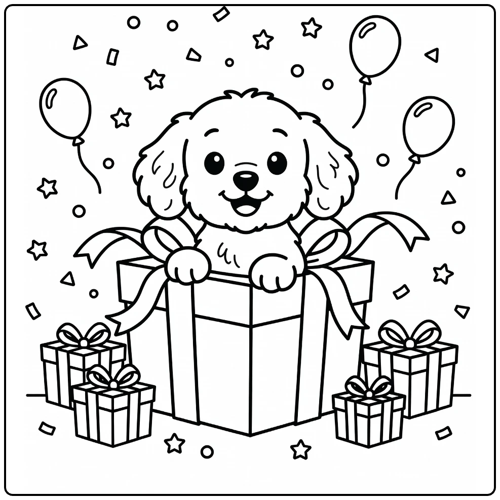 Cavapoo coloring page: puppy peeks from gift box with confetti