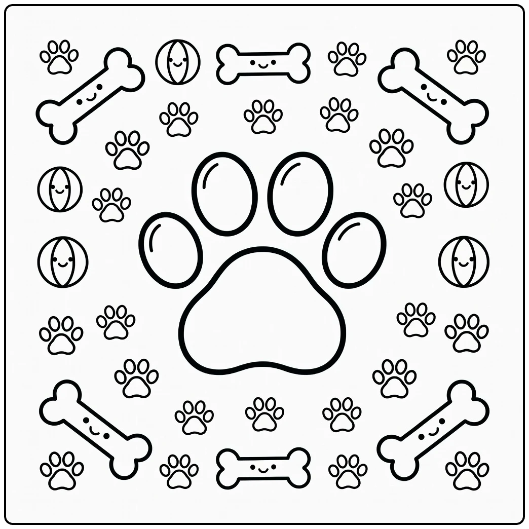 Dog paw coloring page: central paw framed by bones, balls, tiny paws