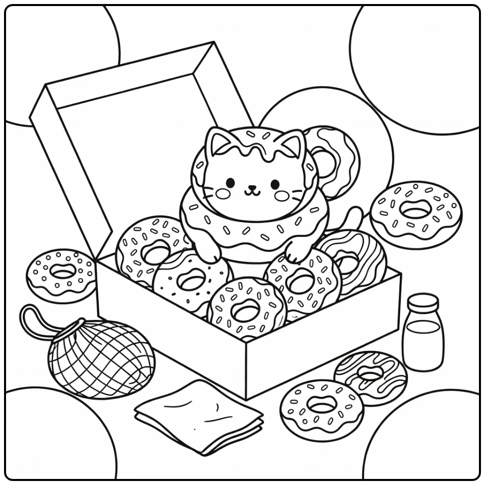 Donut cat peeking from pastry box with donuts, donut cat coloring pages