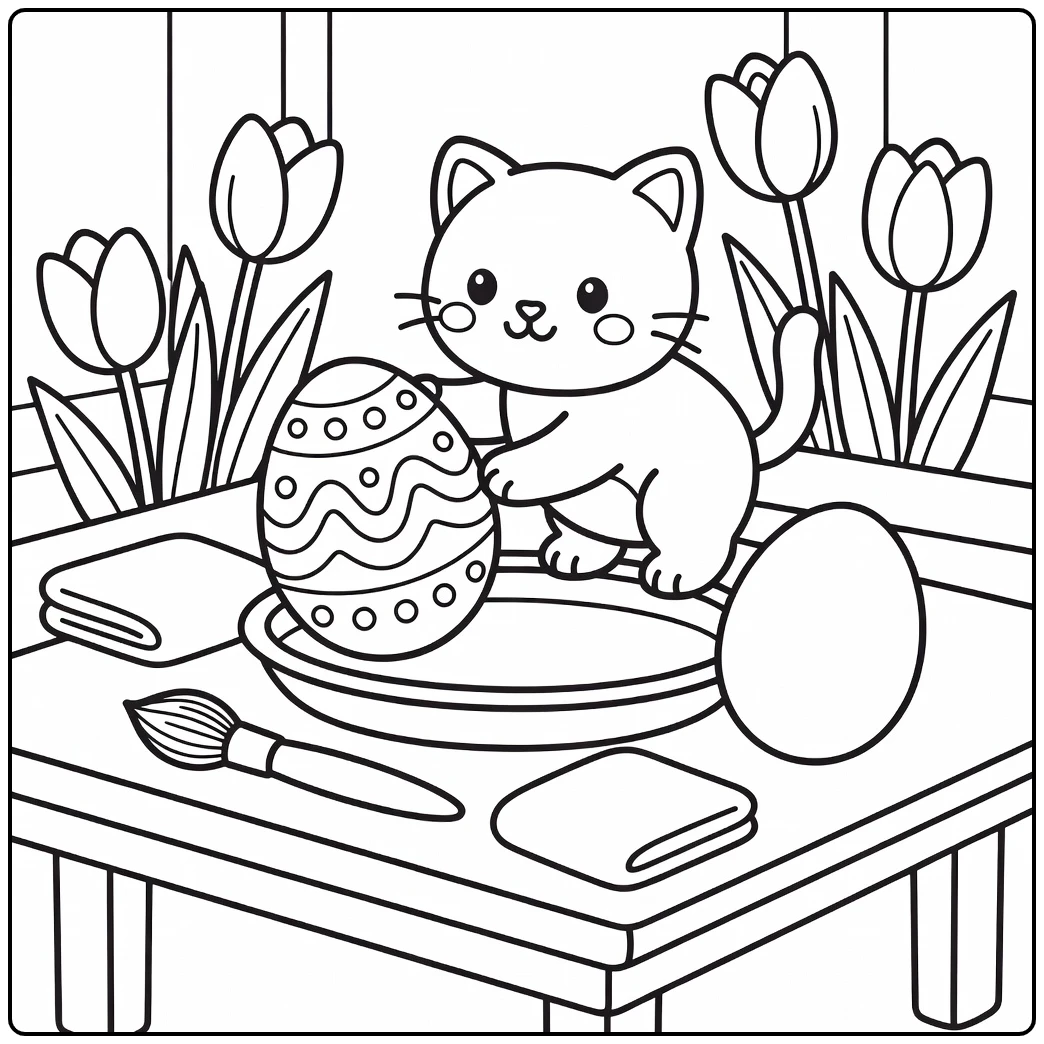 Easter kitten coloring pages: kitten taps egg on paint tray