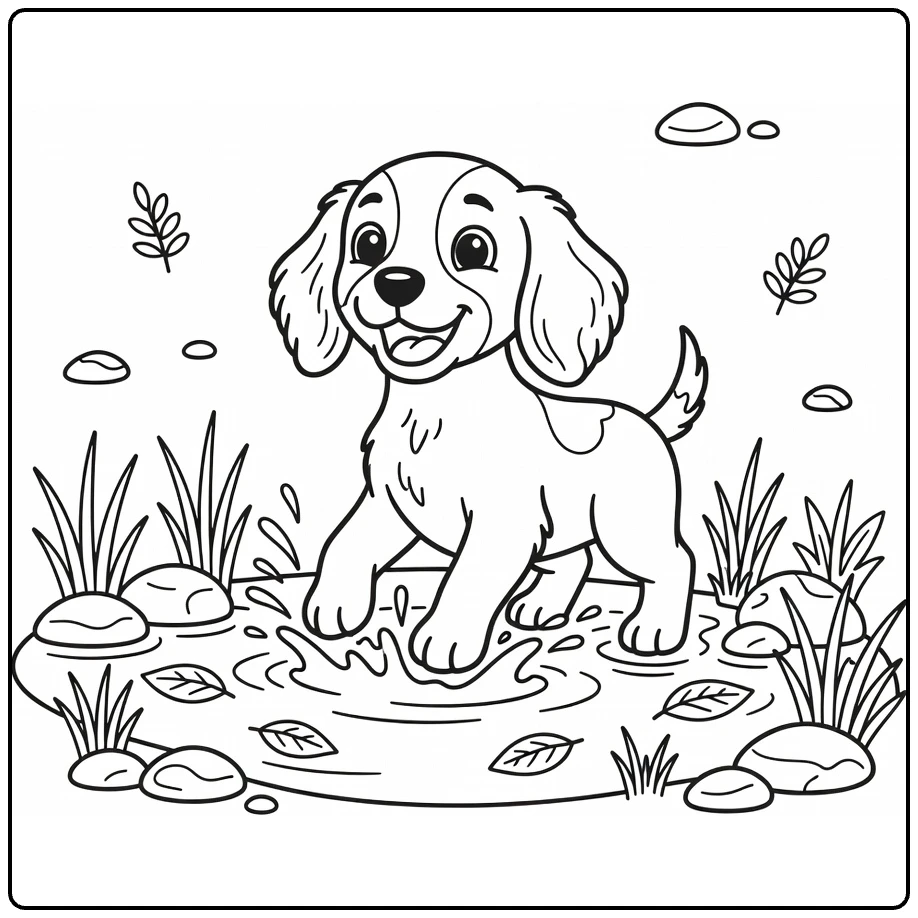 Puppy coloring page: Spaniel splashing near pond with reeds
