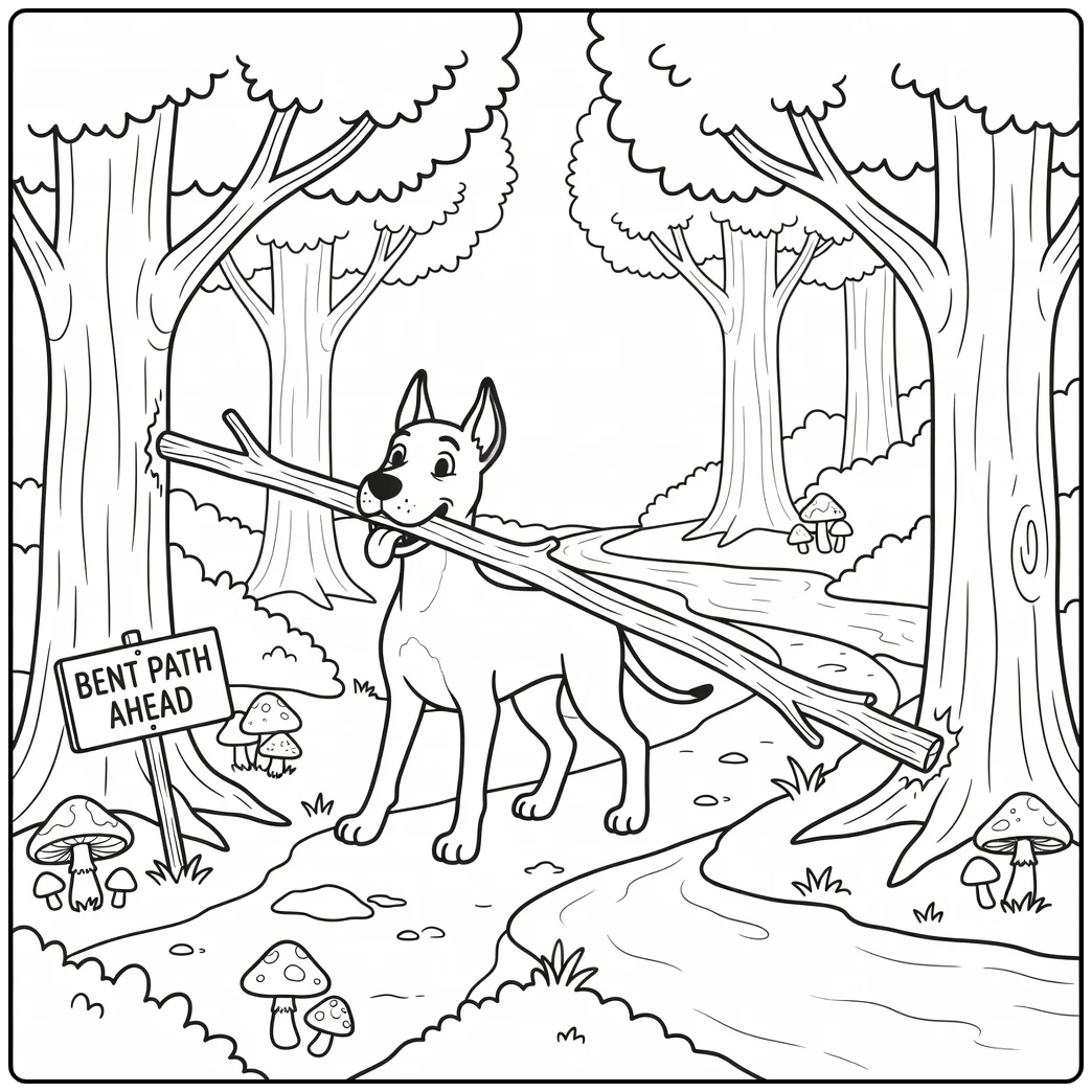 A funny great dane coloring page with a dog carrying a big stick.