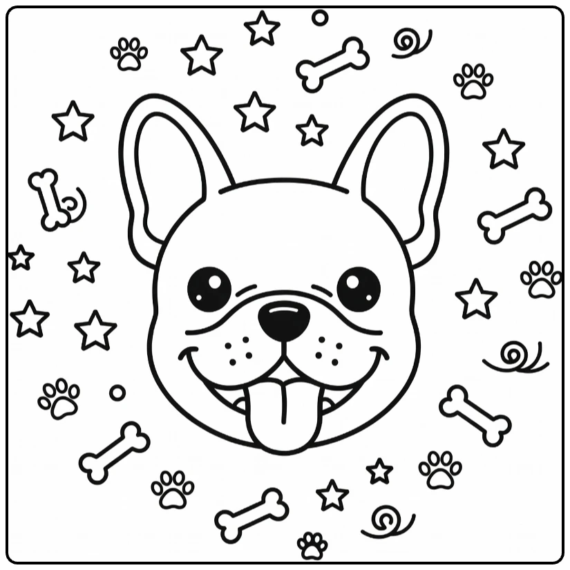 Dog head coloring page: cheerful French Bulldog with stars, bones