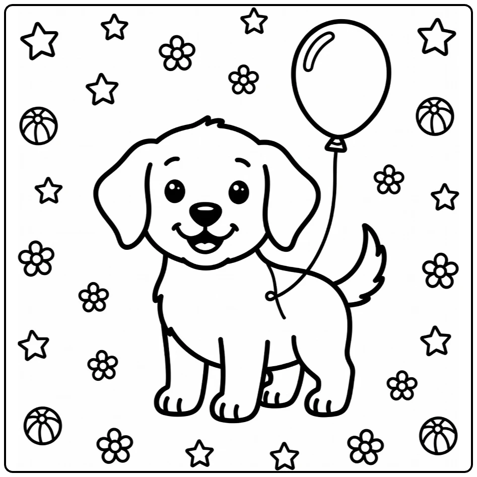 Dog coloring page for preschoolers: Golden Retriever puppy with balloon