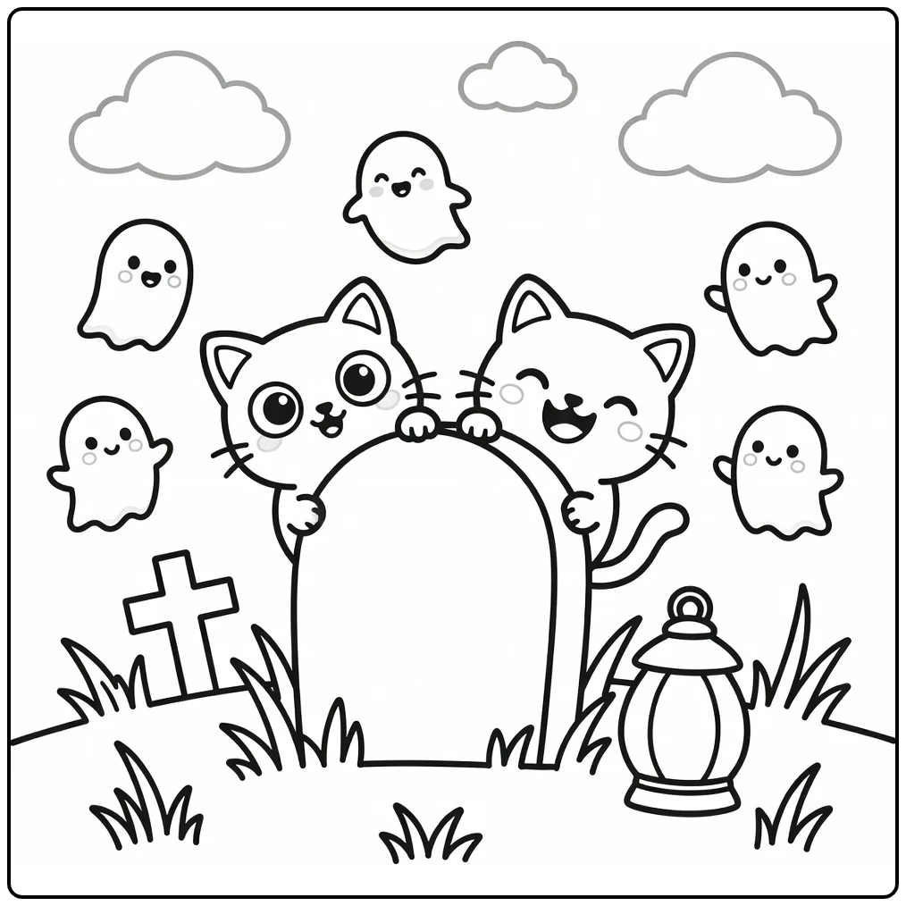 Halloween cat coloring pages with peeking cats and ghosts