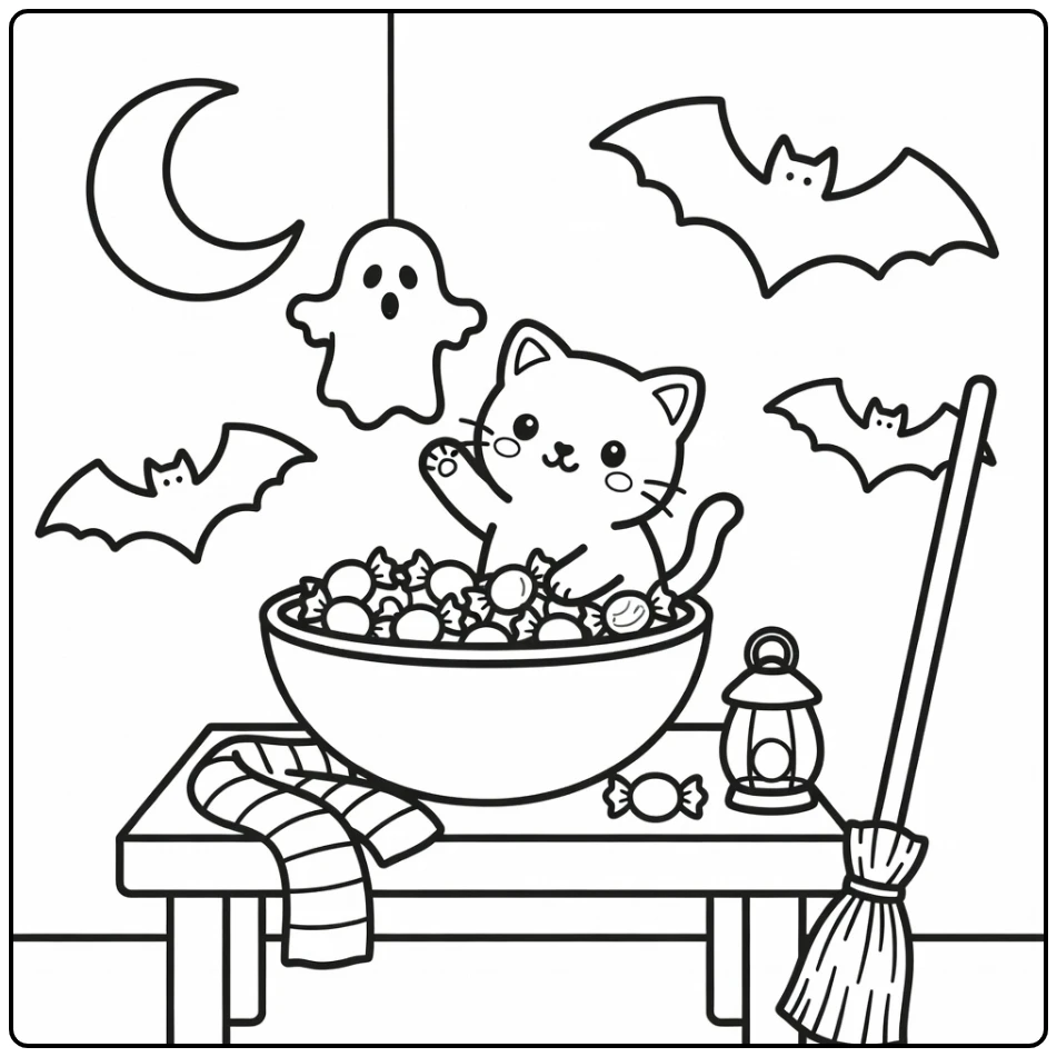 Halloween kitten peeking from candy bowl ghost, halloween kitten coloring pages