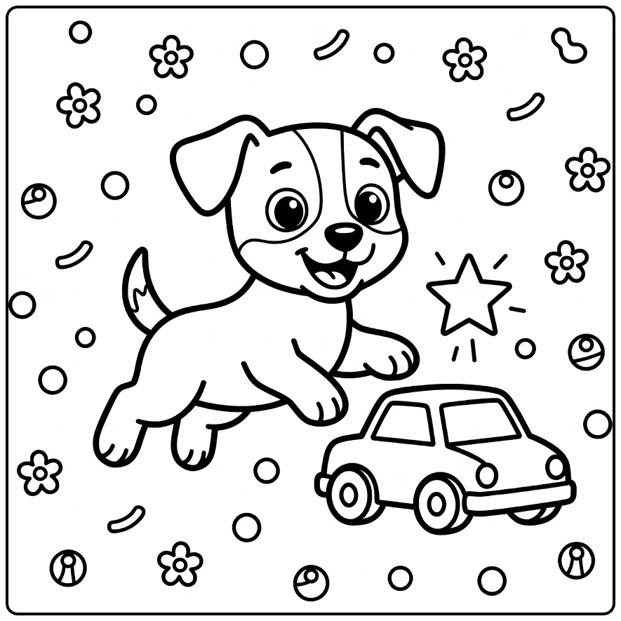 Dog coloring page for preschoolers: jumping Jack Russell puppy by toy car