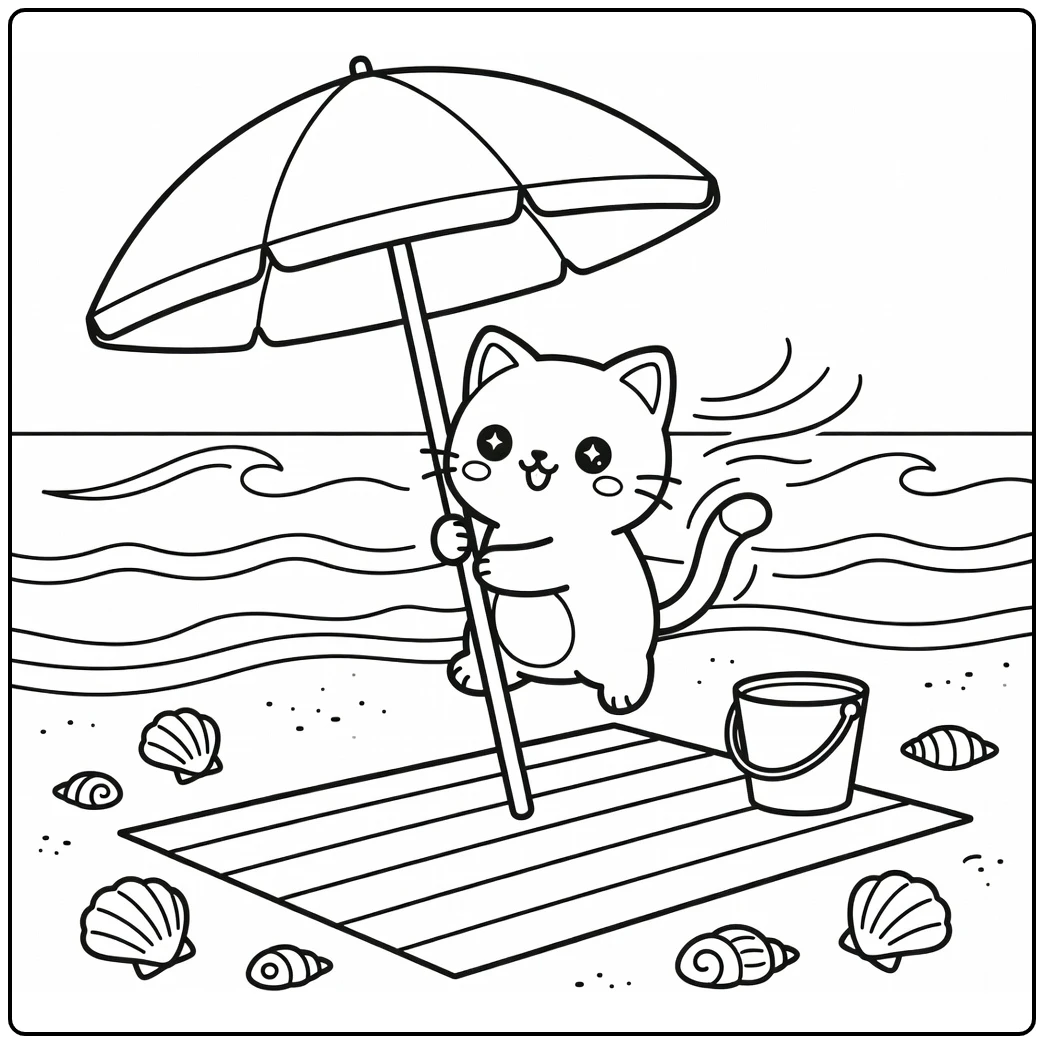 Kawaii cat coloring pages: cat clings to beach umbrella, tail up