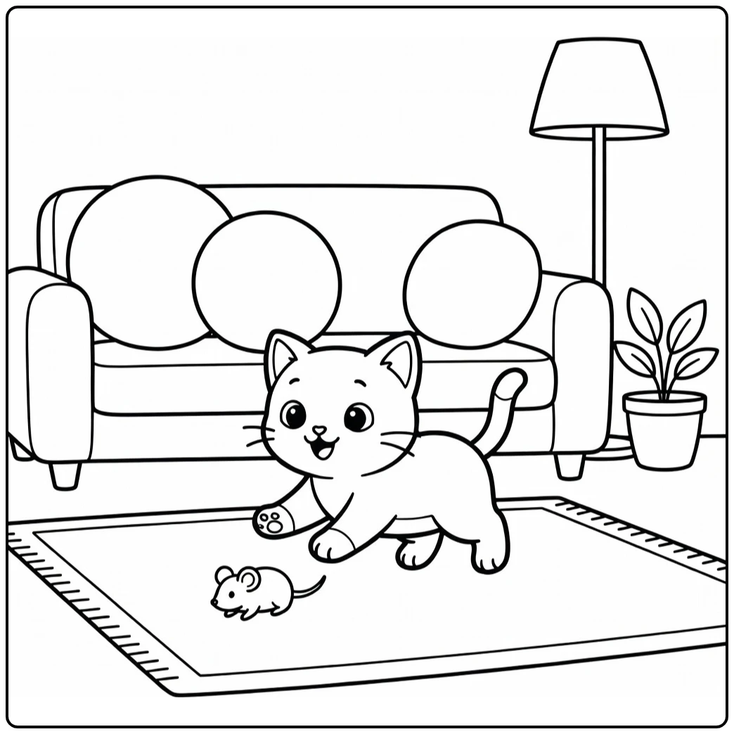 Lively kitten pouncing toy mouse on rug, kitten coloring pages