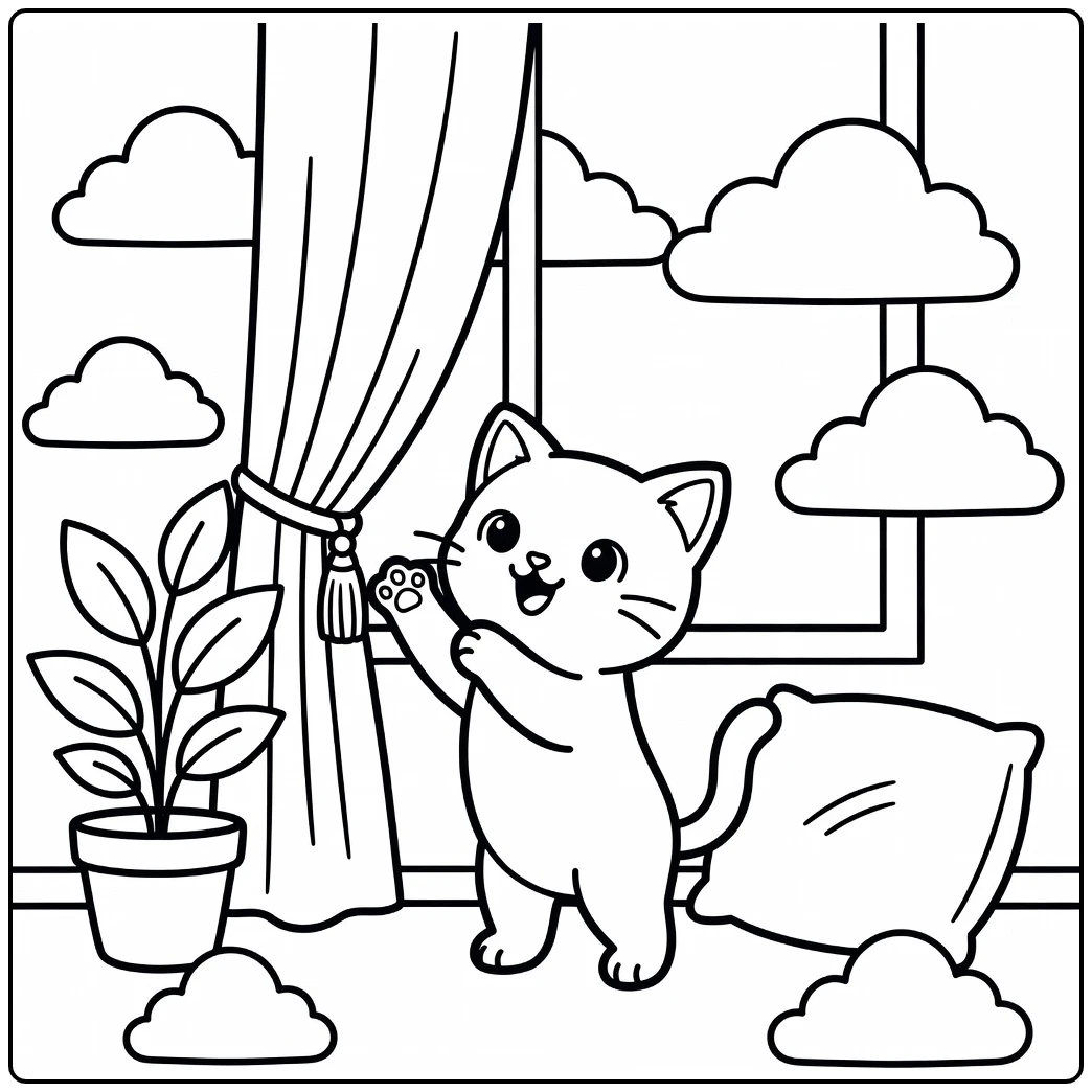 Excited kitten reaching for curtain tassel kitten coloring pages