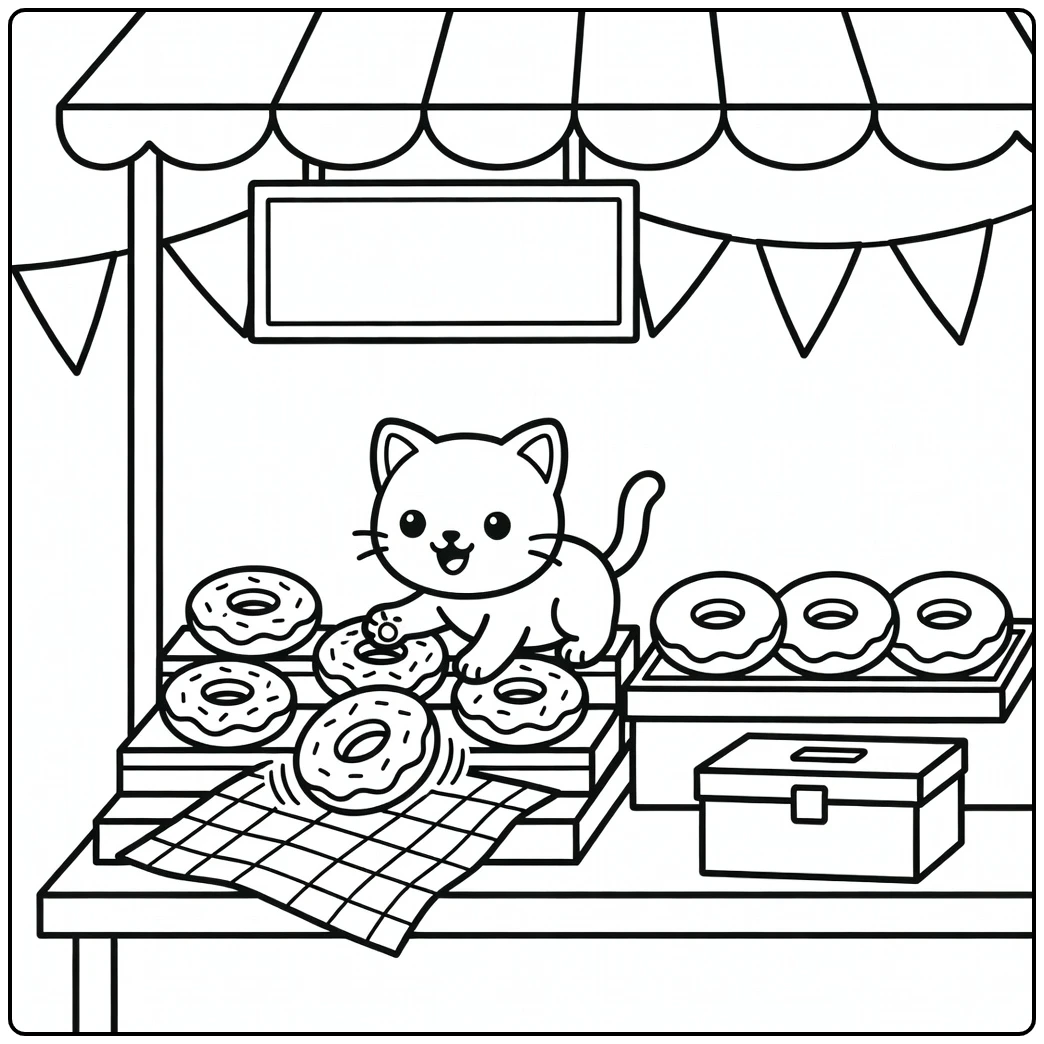 Kitty donut coloring pages: kitten swats rolling donut at stall