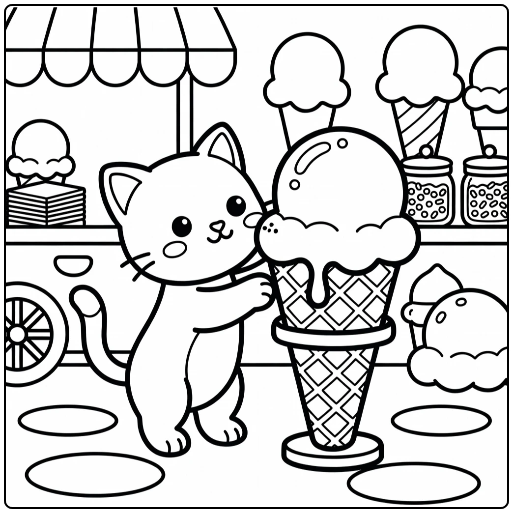 Curious kitten taps melting scoop in kitty ice cream coloring pages