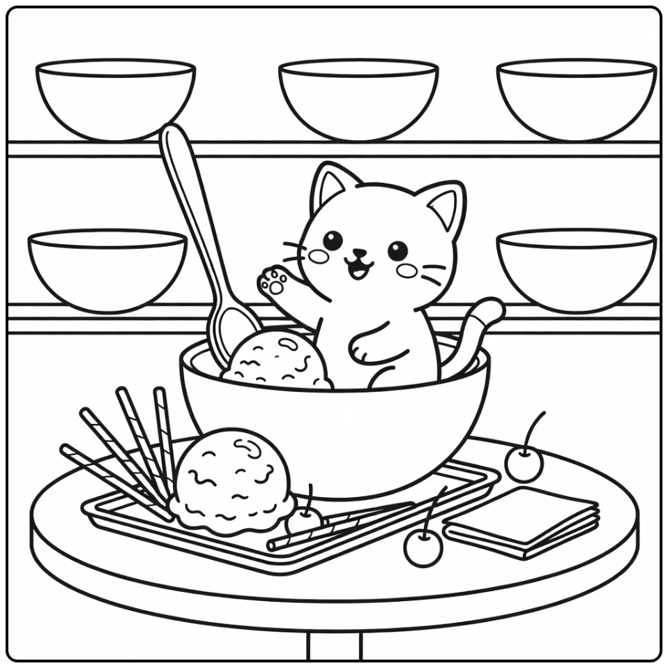 Kitty ice cream coloring pages: kitten in sundae bowl reaching for scoop