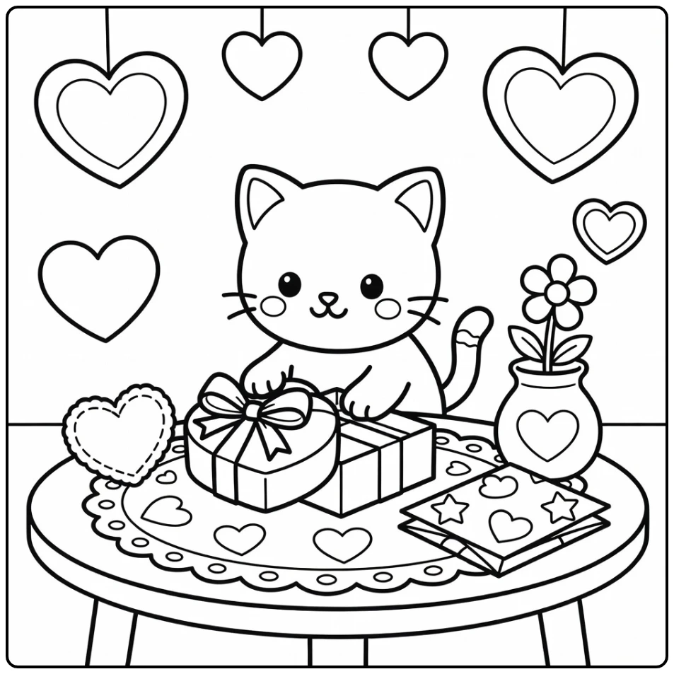 Kitty valentine coloring pages: kitten peers into heart gift box