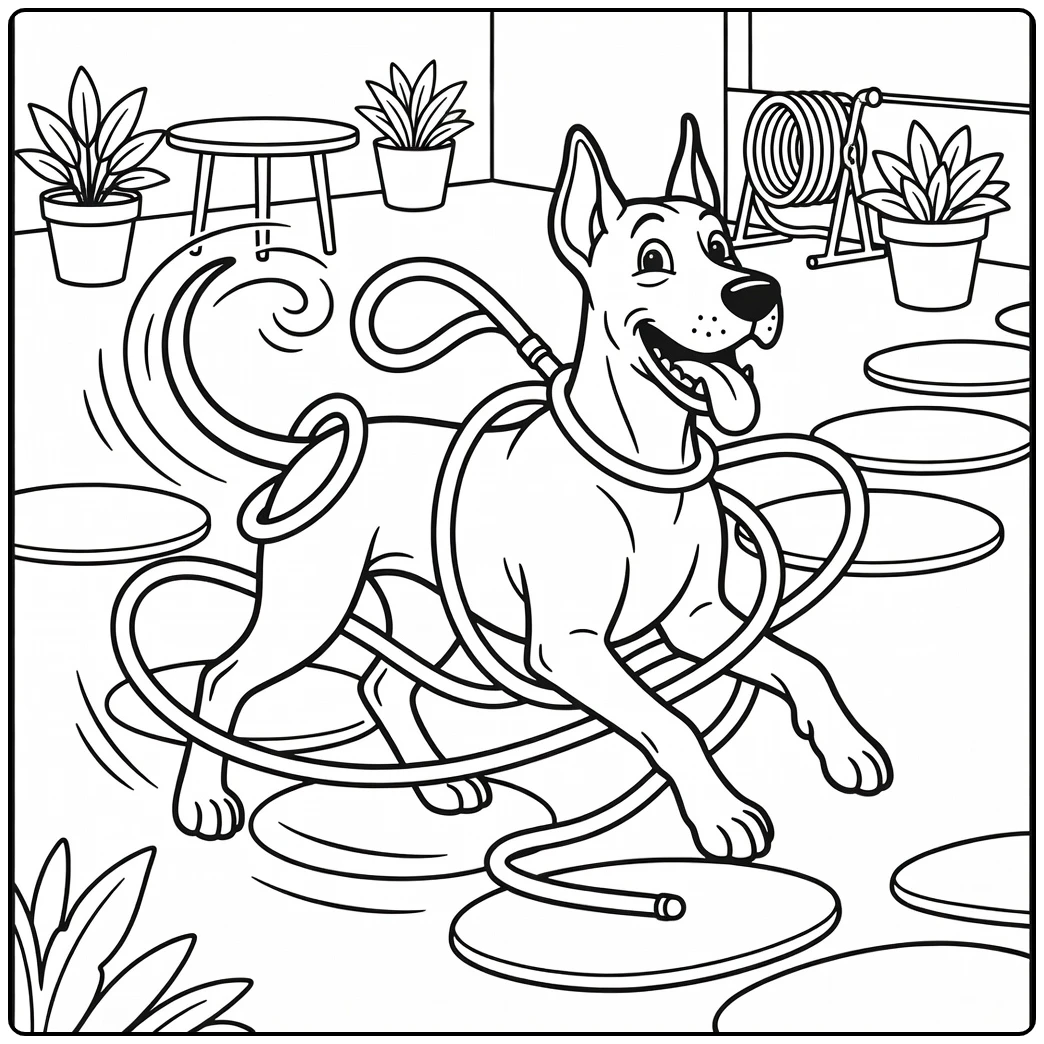 A silly dog tangled in a hose on a great dane coloring page.