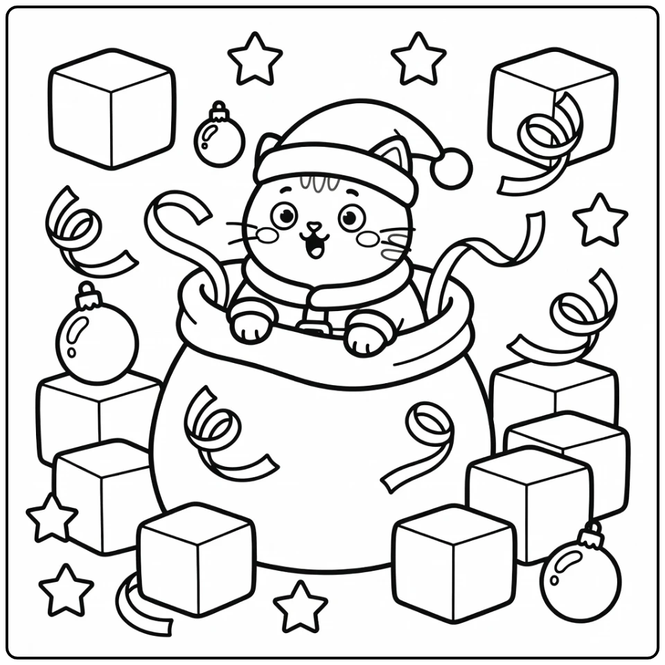 Surprised Santa cat peeking from gift sack santa cat coloring pages