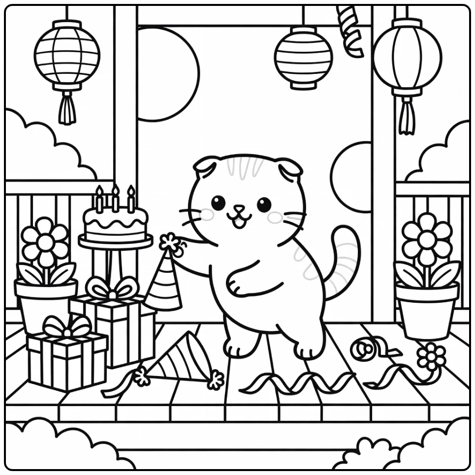 Scottish Fold cat pawing hat amid presents - cat birthday coloring pages