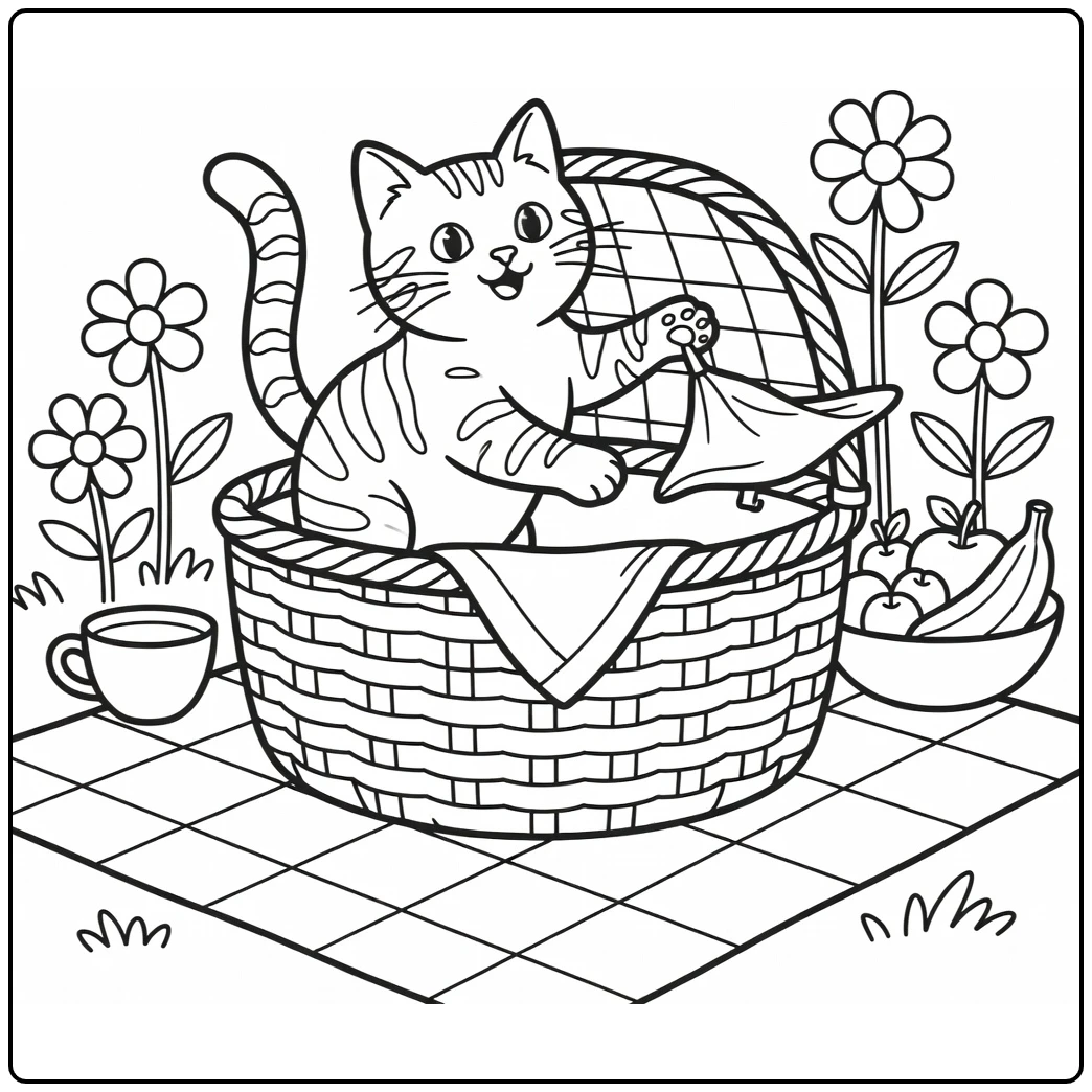 Striped cat coloring pages: tabby in picnic basket batting napkin