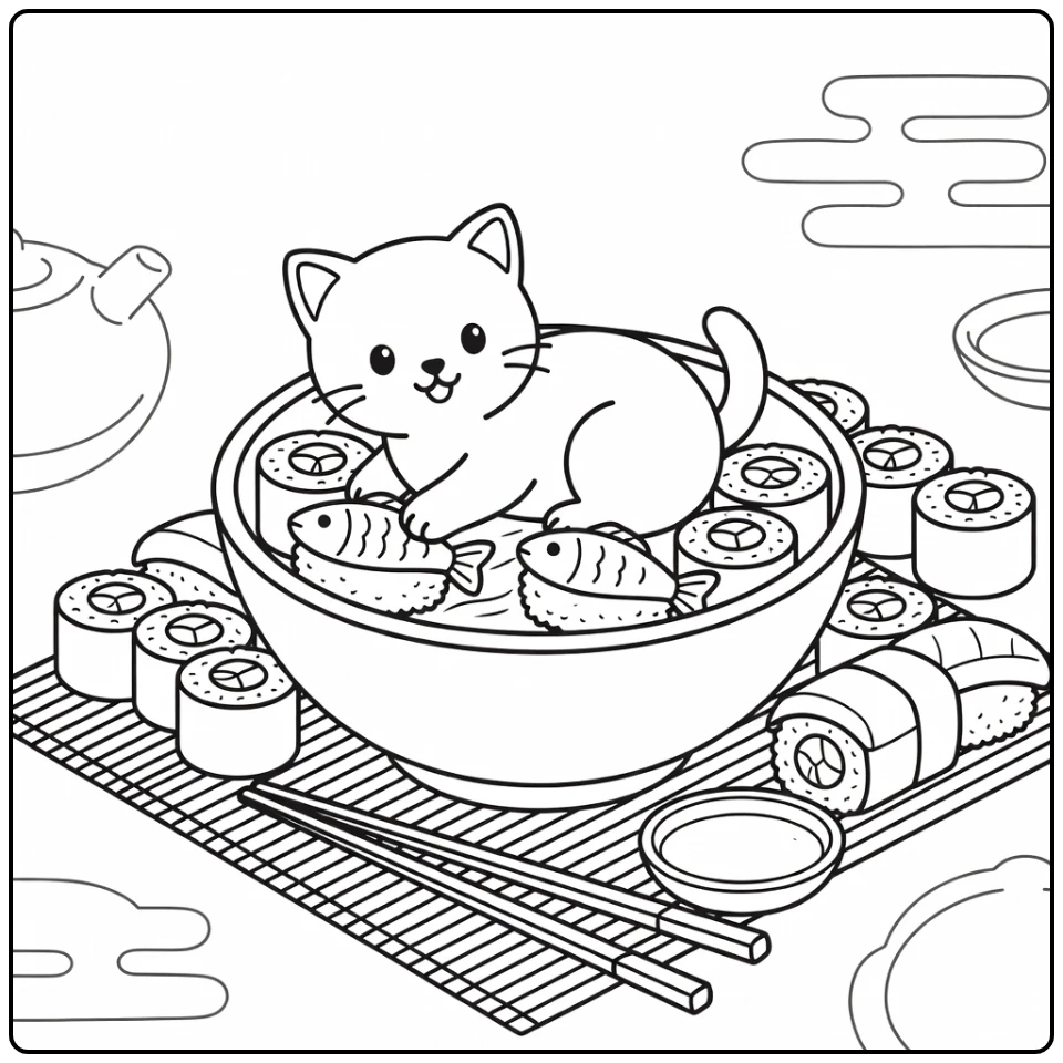 Sushi cat coloring pages: kitten in bowl pawing nigiri sushi