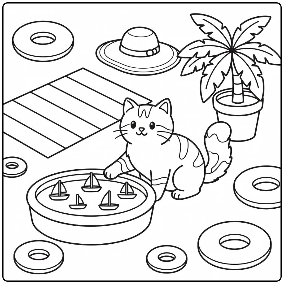 summer cat coloring pages: Turkish Van at kiddie pool